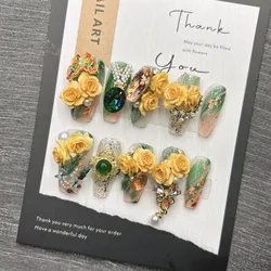10Pcs High Quality Handmade Press on Nails Palace Retro Style Yellow Carved Emerald Pure Handmade Medium Long Style