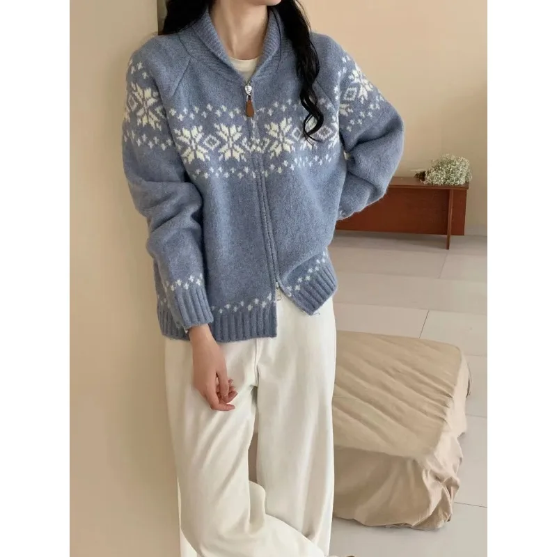 

Шикарный ретро нежный стильный тяжелый жаккардовый свитер, свободный и универсальный вязаный кардиган на молнии с цветными блоками для женщин