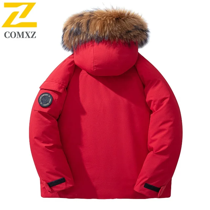 COMXZ سترة شتوية للرجال والنساء ريترو خفيفة الوزن دافئة منفوش بياقة من الفرو معطف أبيض مبطن للتزلج على الجليد مع قلنسوة سترات منتفخة #4