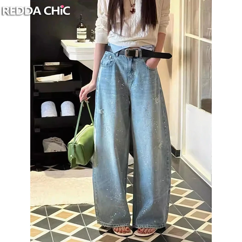 

Джинсы ReddaChic с блестками и рваными элементами для женщин, корейский стиль, фасон «морковки», свободные, с высокой талией, потертые, винтажные, уличный стиль