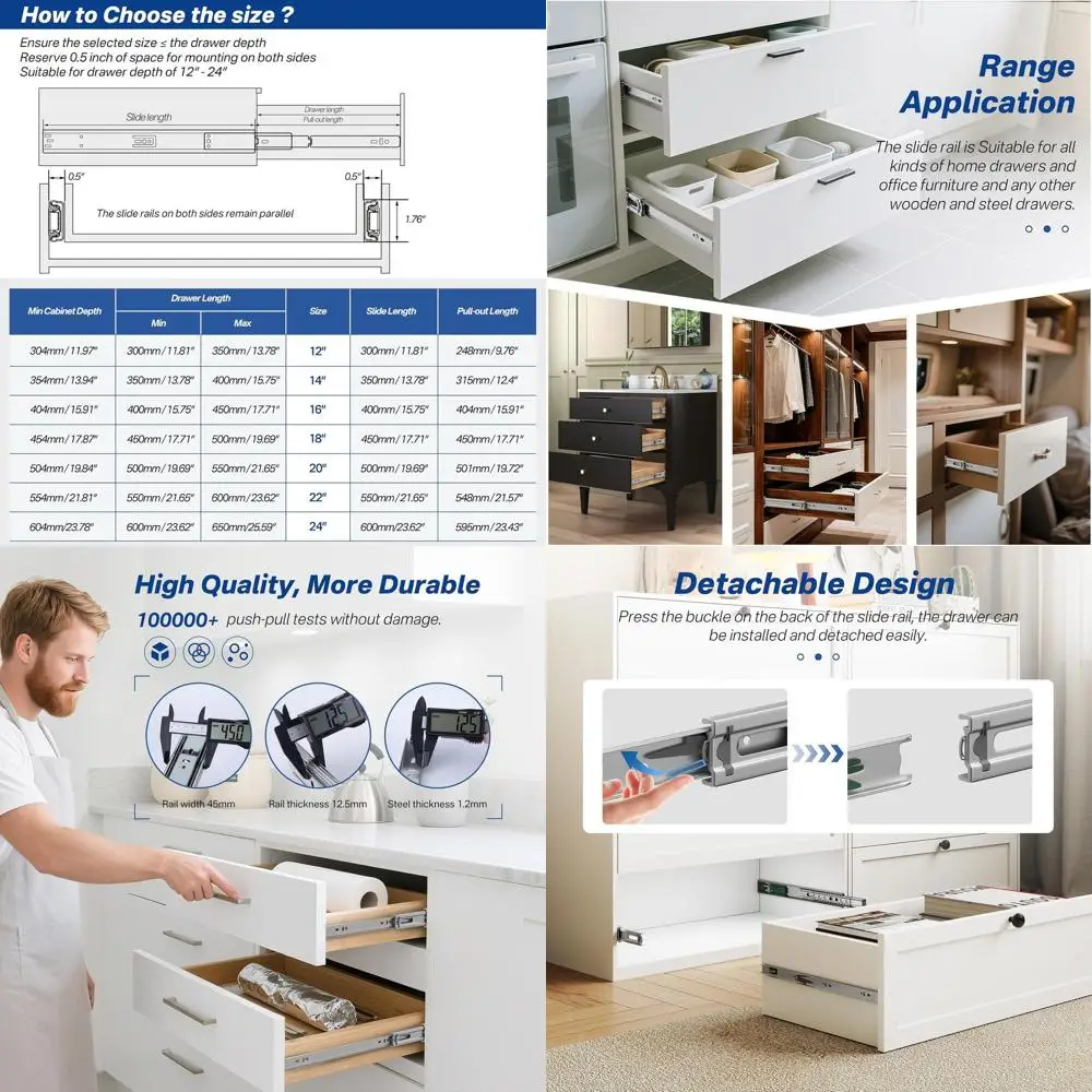 

18-дюймовые выдвижные направляющие с шарикоподшипниками для тяжелых нагрузок, бесшумные направляющие для кухонных шкафов, офисов и инструментальных комнат, нагрузка до 100 фунтов (C)