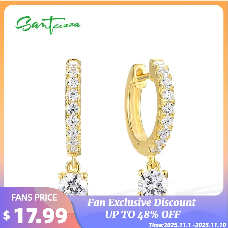 

SANTUZZA Genuine 925 Sterling Silver Hoop Earrings For Women White CZ Yellow Gold Plating Fantastic Drop Fashion Fine Jewelry