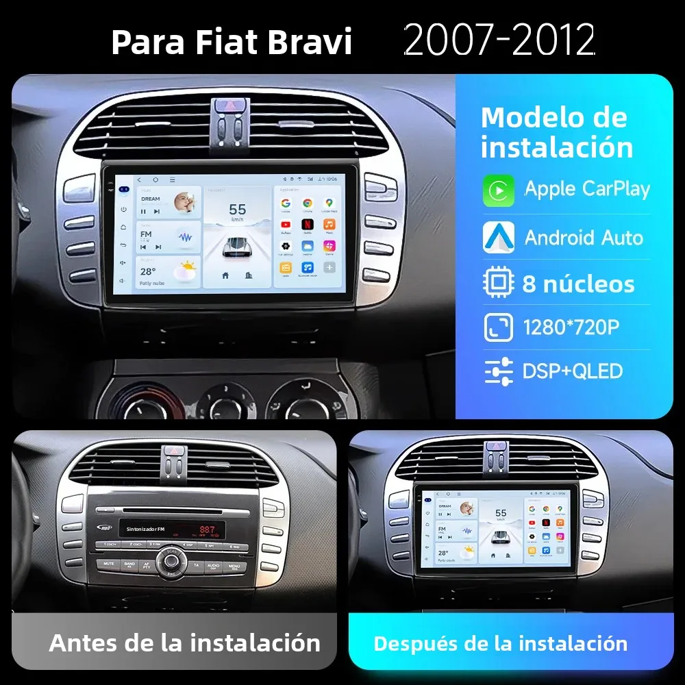 Radio para Auto JIUYIN para Fiat Bravo 2007 2008-2012, Pantalla Incell con Laminación Completa, Cámara Trasera, CarPlay Inalámbrico, Android Auto, GPS, Navegación