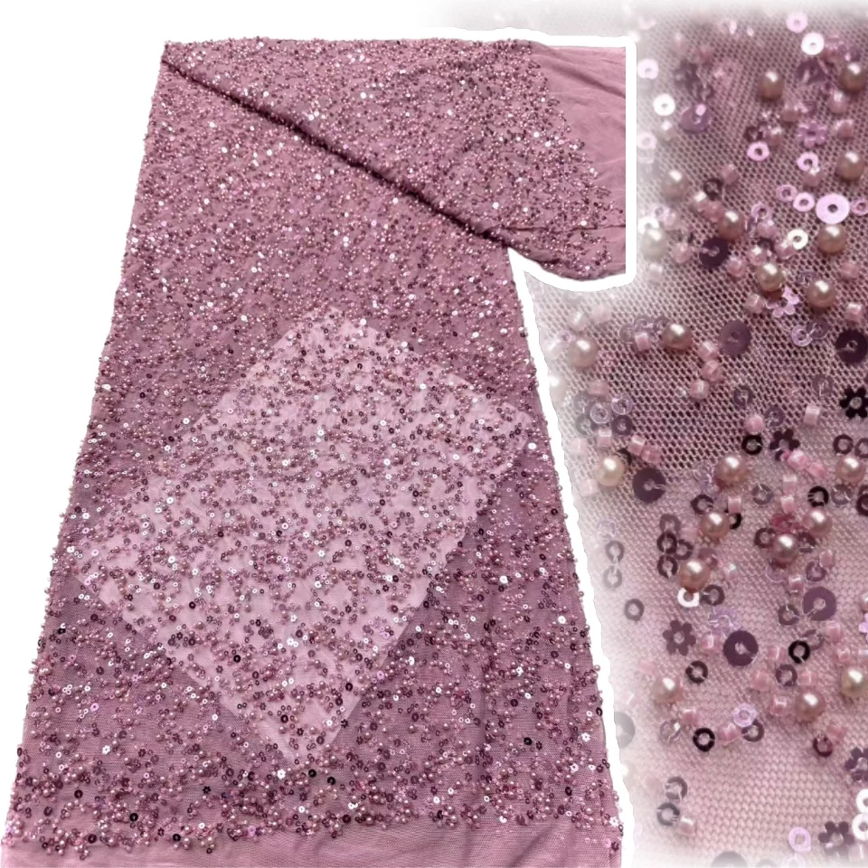 

Pink Nigeria Tulle Lace African Lace Fabric with Beads Sequins 2025 High Quality Nigerian Mesh Net Lace Fabric for Dress AH1268