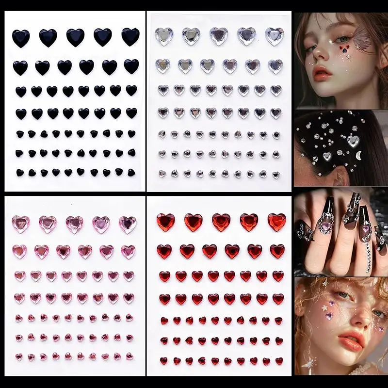 1 Sheet Heart Rhinestone Face Jewels Stickers 3D Multicolor Self-Adhesive Gems For DIY Festival Party Eye & Face Makeup Deco