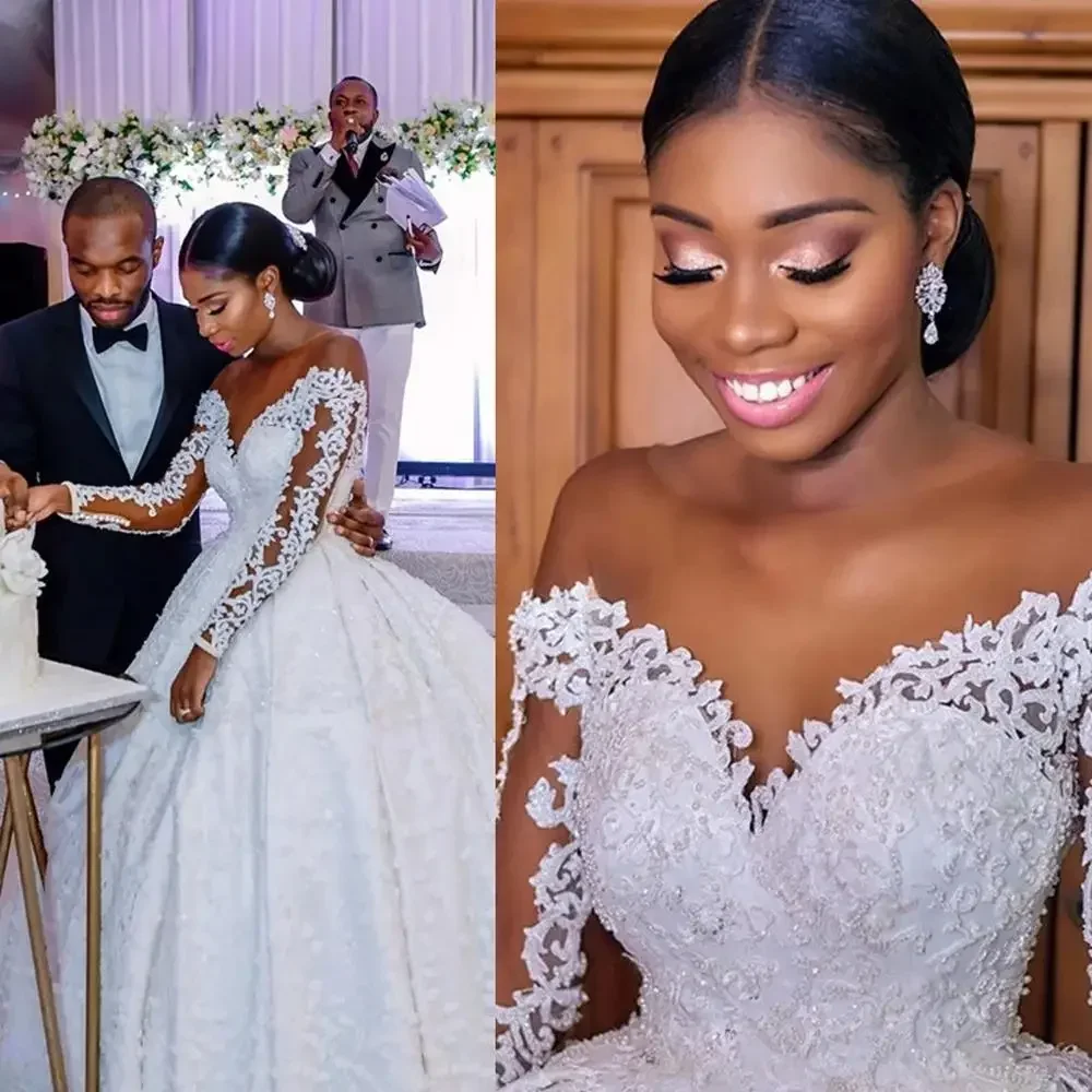 Customize New Luxury Long Sleeve Ball Gown Wedding Dress Illusion Top Pearl Beaded Lace Bridal Gown Vestido De Noiva 2023