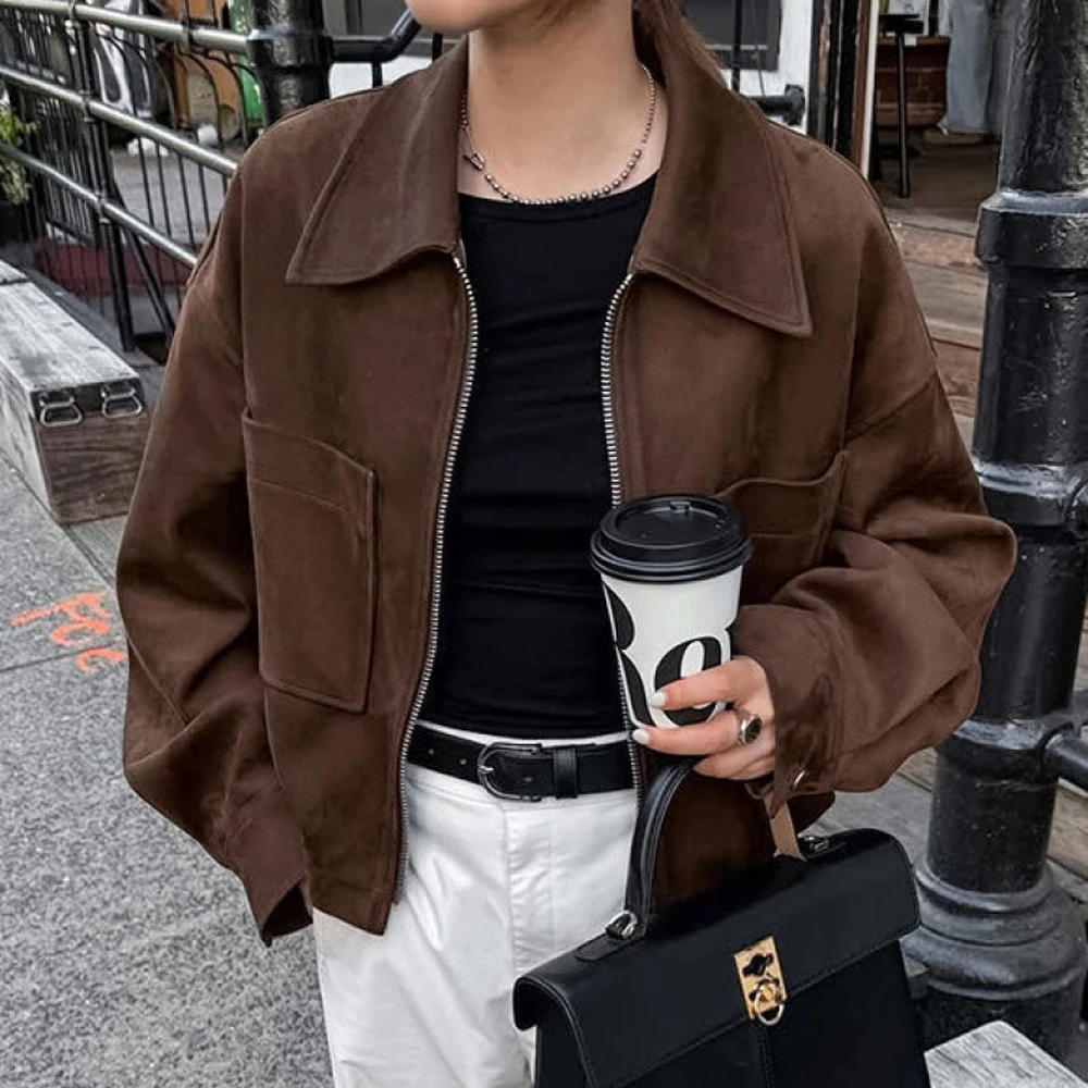 

Свободная куртка в европейском и американском стиле в стиле ретро, женская коричневая замшевая верхняя одежда, модная зимняя новая стильная женская одежда