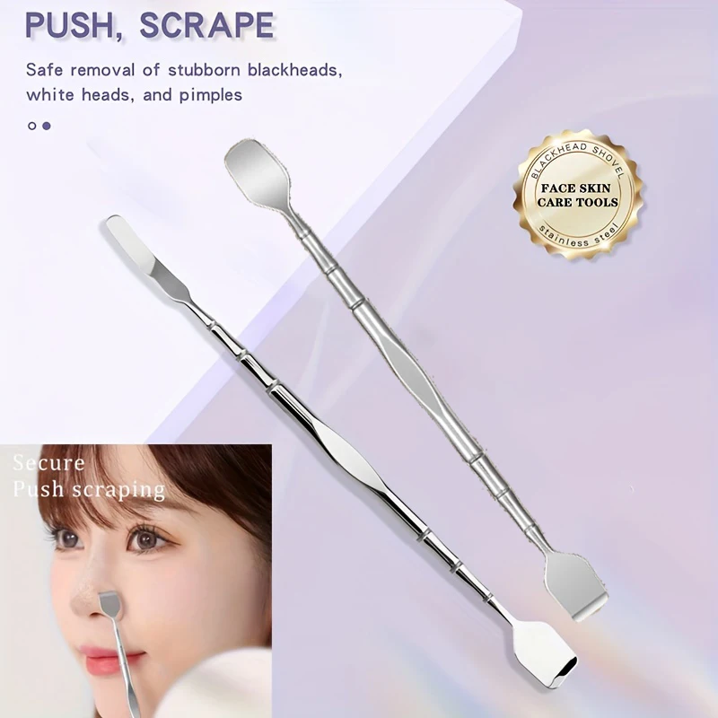 2pcs Professional Stainless Steel Blackhead Remover - Dual-Ended Exfoliating Spatula for Beauty Salons - Hypoallergenic, Reusabl