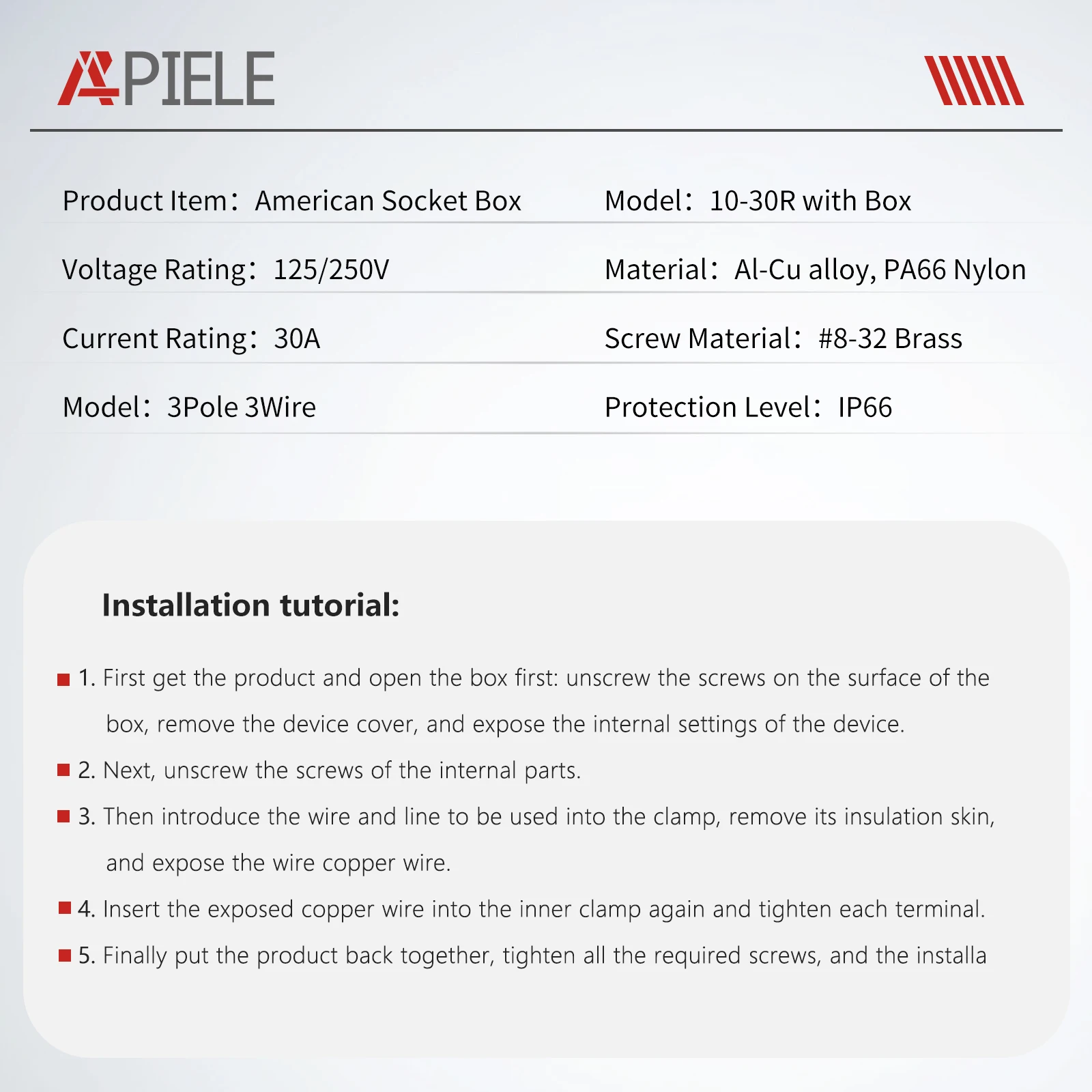 APIELE US/American 30Amp Power Outlet Box,125/250Volt NEMA 10-30R Receptacle Outdoor dustproof and Weatherproof.