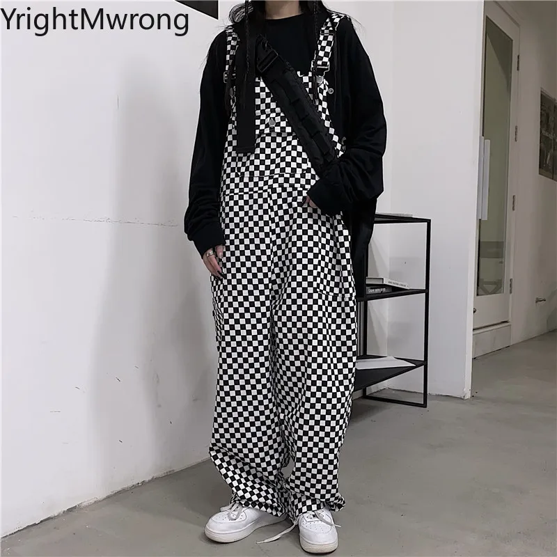 Woman Man Checker Plaid Baggy Loose Drop Wide Waist Overalls Pant Romper Jumpsuit Punk Harajuku Kpop y2k Thin Trouser Streetwear