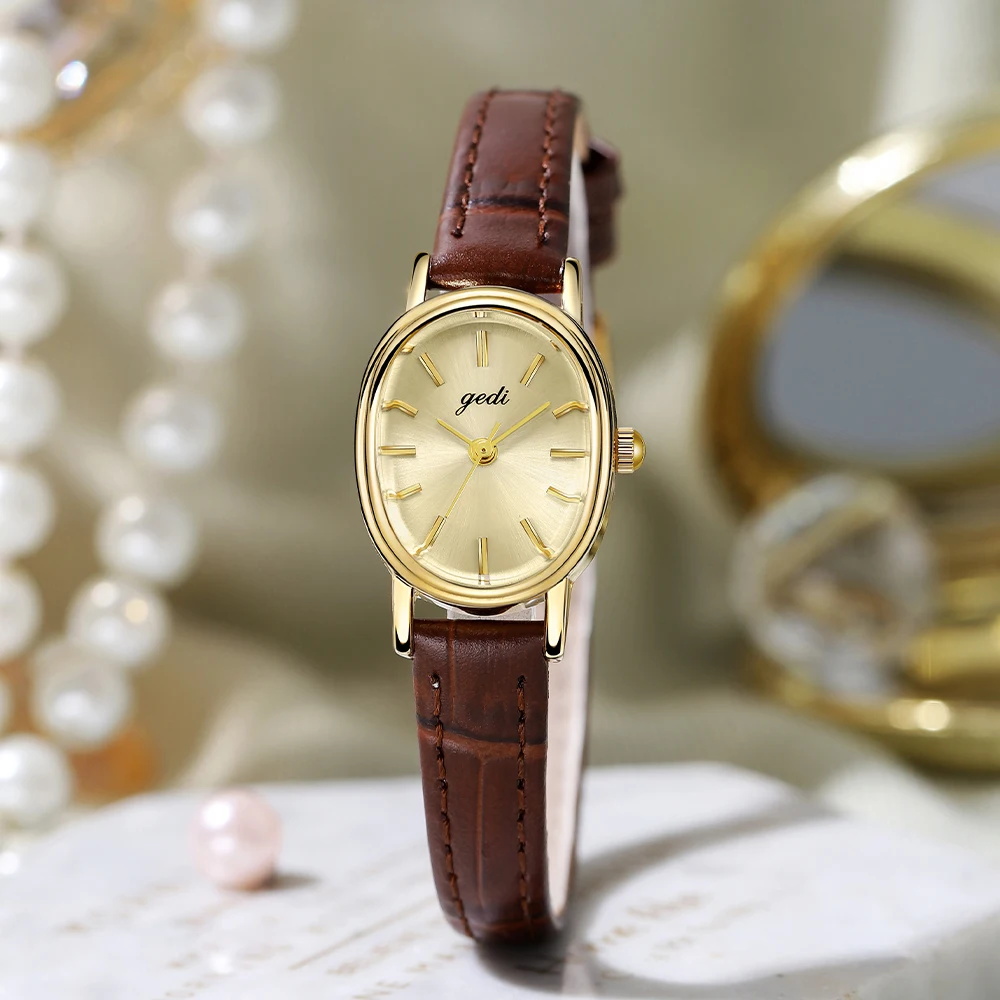 2024 Fashion Gedi Vintage Oval Shaped Quartz Wrist Watches For Women Elegant Minimalist Genuine Leather Strap Waterproof Ladies