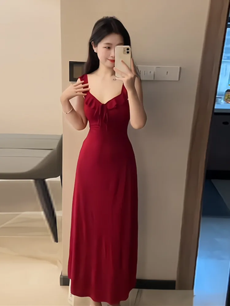 

Элегантное женское длинное платье Лето 2024 с завязками на талии, приталенное, с оборками, в корейском стиле, без рукавов, с квадратным вырезом, для офиса