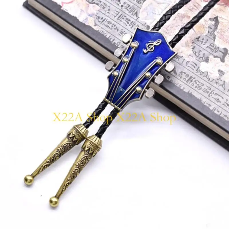 Unique American Bolo Tie Western Cowboy Braided Faux Leather Rope Enamel Guitar Necktie