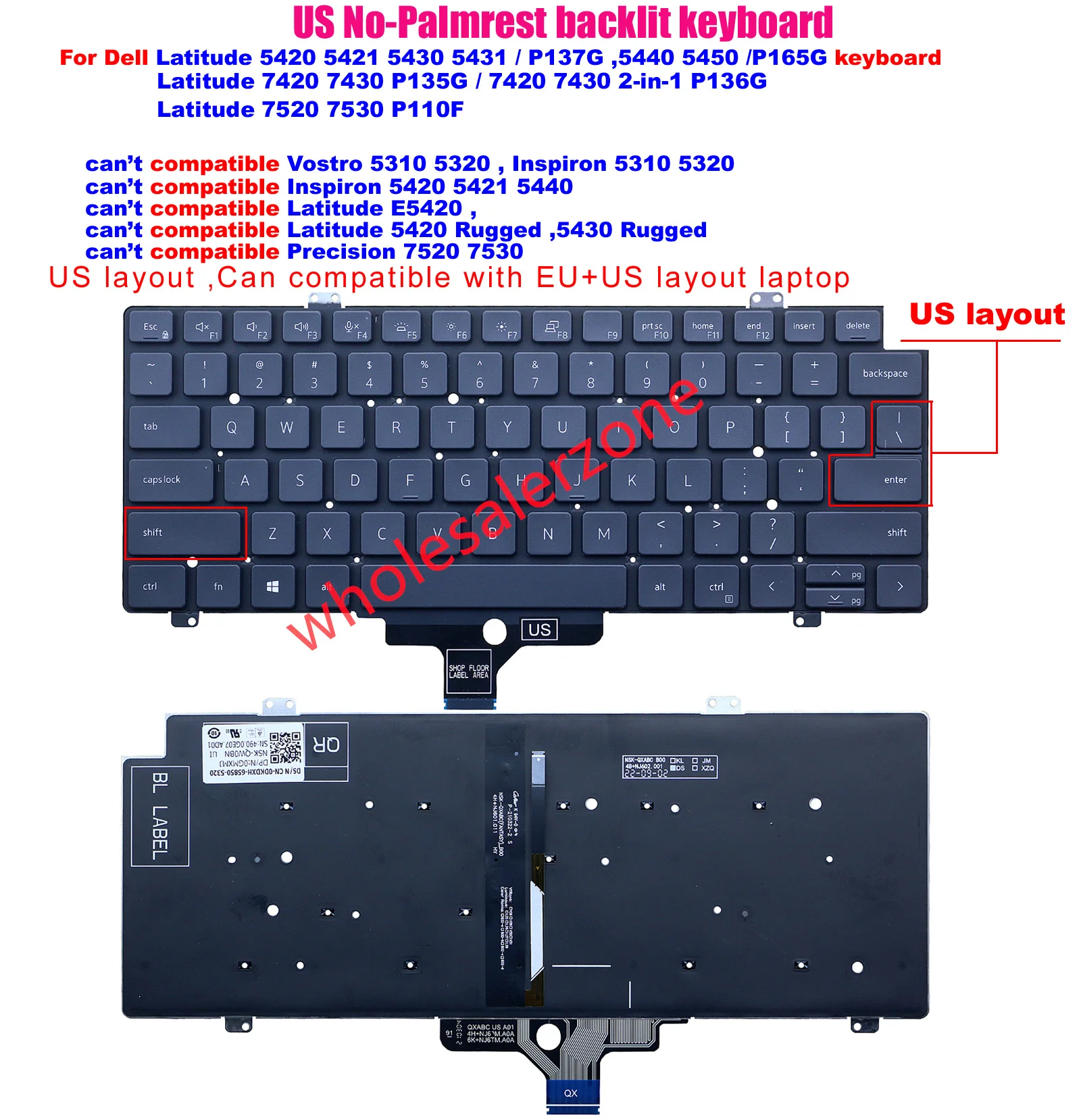 

Американская клавиатура для ноутбука Dell Latitude 5420 5421 5430 5431 5440 5450 P165G 7420 7430 7520 7530 серии P135G P136G, P137G, P110F