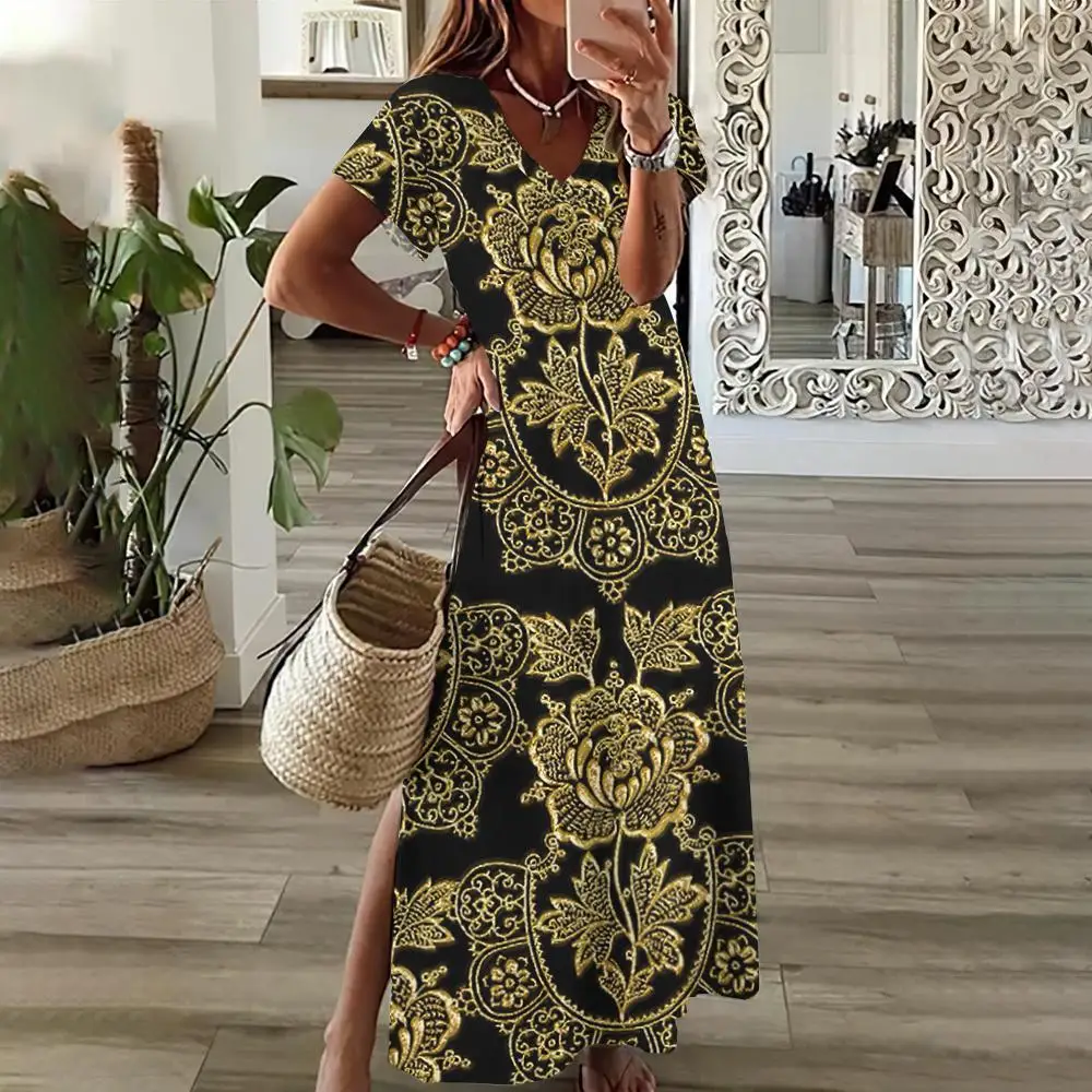 

Vintage Geometric Streaks Women's Clothing Summer Slit Long Dress Bohemian V-Neck Elegant Dresses Short Sleeves Streetwear 2024