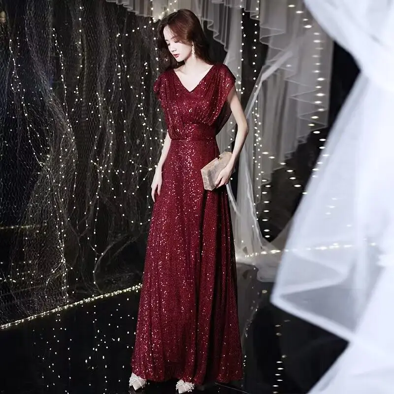 Ele Champagne Color Evening Dr Women's High-End Luxury Adult Mid-Waist Gown with ort Sves for Par And Performance