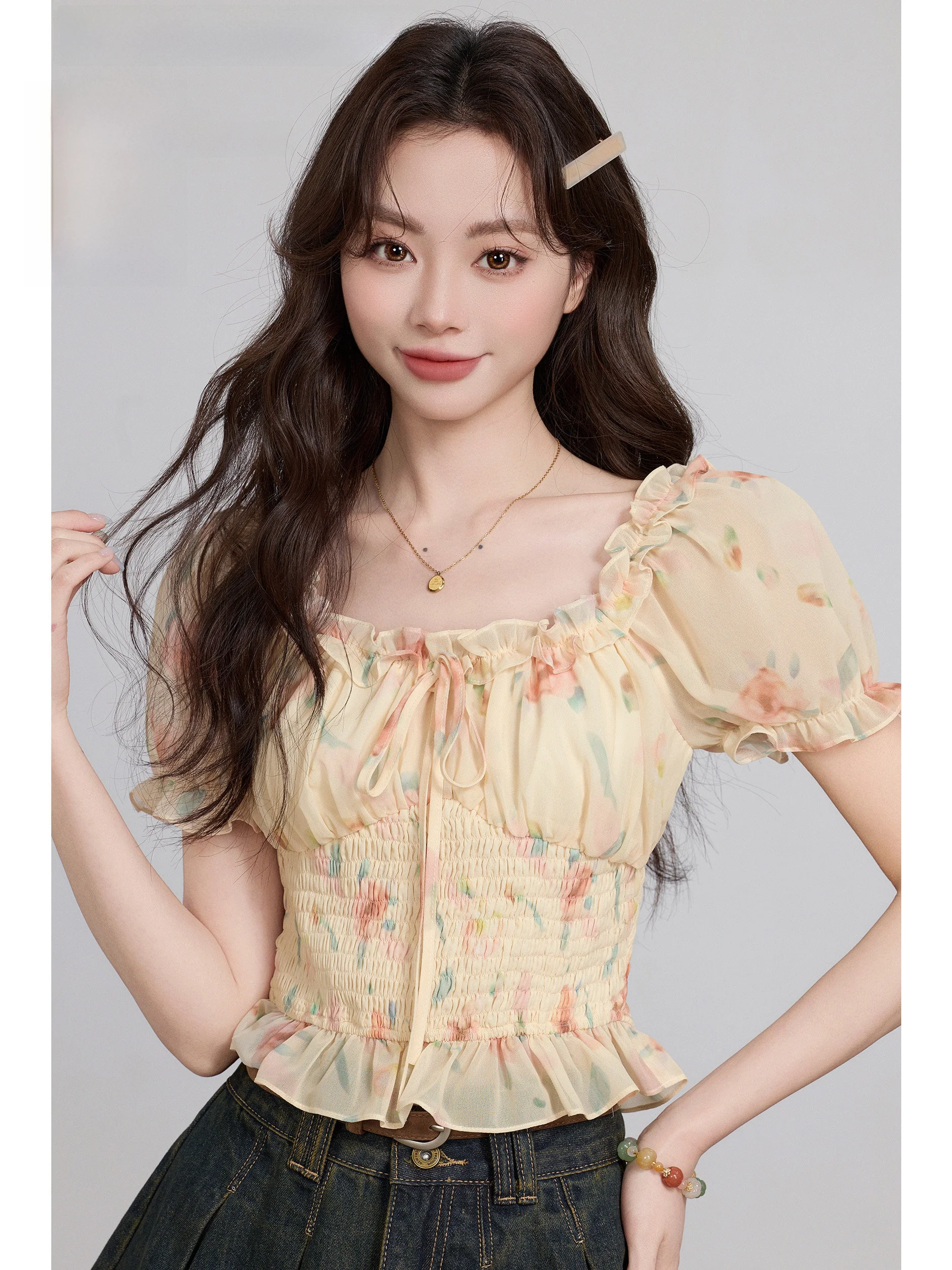 

Ele ort Sve irts Waist Cinched Doll irt Chiffon Top Summer Faionable Busin Women's Clothing Bubble Sve