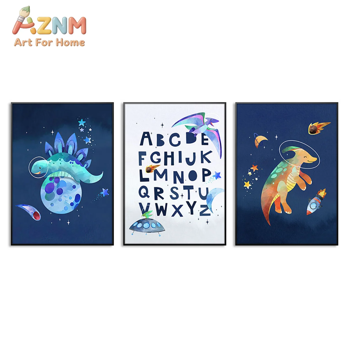 AZNM Space Astronaut Dinosaur Canvas Wall Art Planet Moon Number Watercolor Frameless Canvas Painting Nursery Kids Room Home Dec