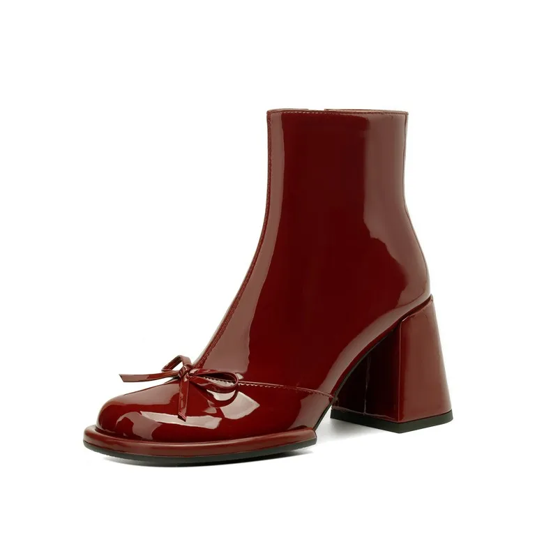 Elegant High Heels Women Ankle Boots Bow Sweet Shoes Winter New 2025 Trend Chunky Pu Leather Party Dress Snow Boots Pumps Mujer