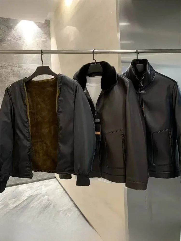 

Мужское кожаное пальто из искусственной норки с воротником, утепленное, с длинными рукавами и застежкой-молнией из полиэфирного волокна