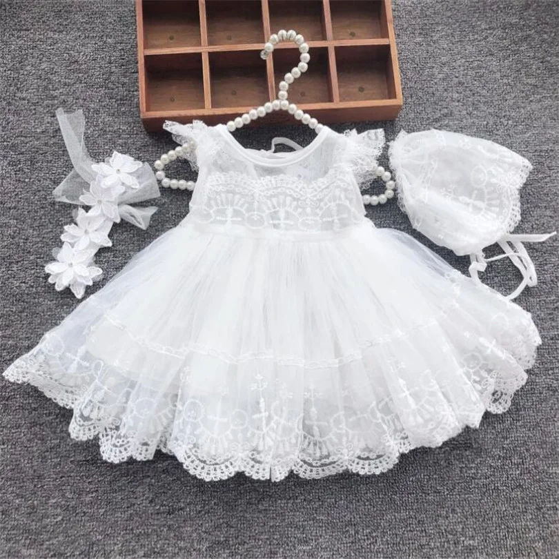 

Baby Baptism Dress Newborn Wedding 1st Birthday Party Baby Girl Dress Lace Princess White Infant Baby Christening Gowns With Hat