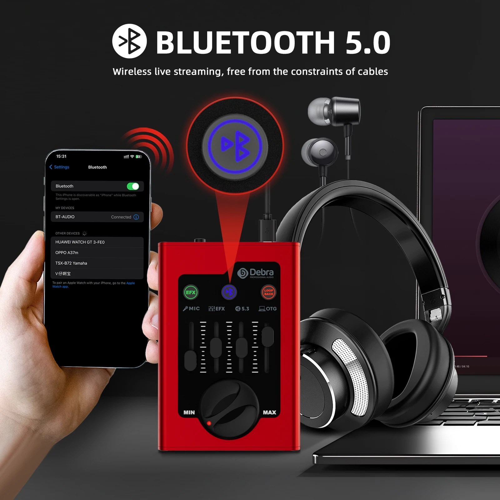 Tarjeta de sonido externa portátil con Bluetooth, muestreo OTG de 24 bits/48 KHz, reverberación y Control EQ, para Podcast/streaming/juegos en Comp