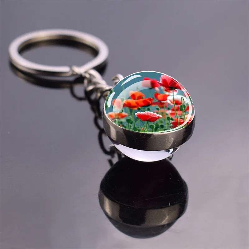 Flower Keyring Rose Lotus Cherry Blossoms Sunflower Keychains Glass Ball Pendant Jewelry for Women Cute Key Chain Gift