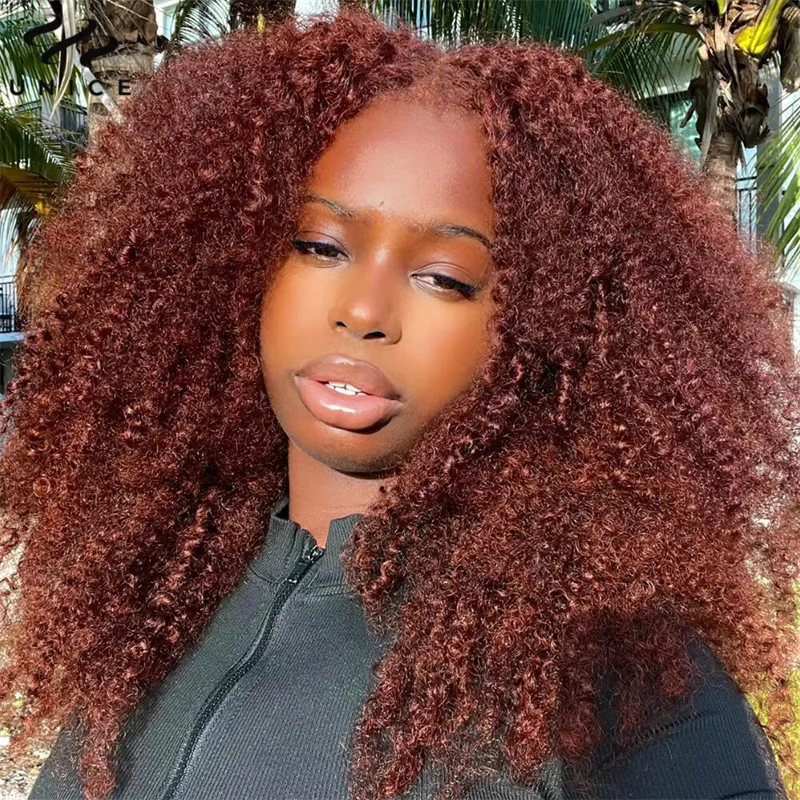 

Reddish Brown Kinky Curly Wigs 13x4 Transparent Lace Frontal Human Hair Wig #33 Colored Deep Curly Lace Wigs For Black Women