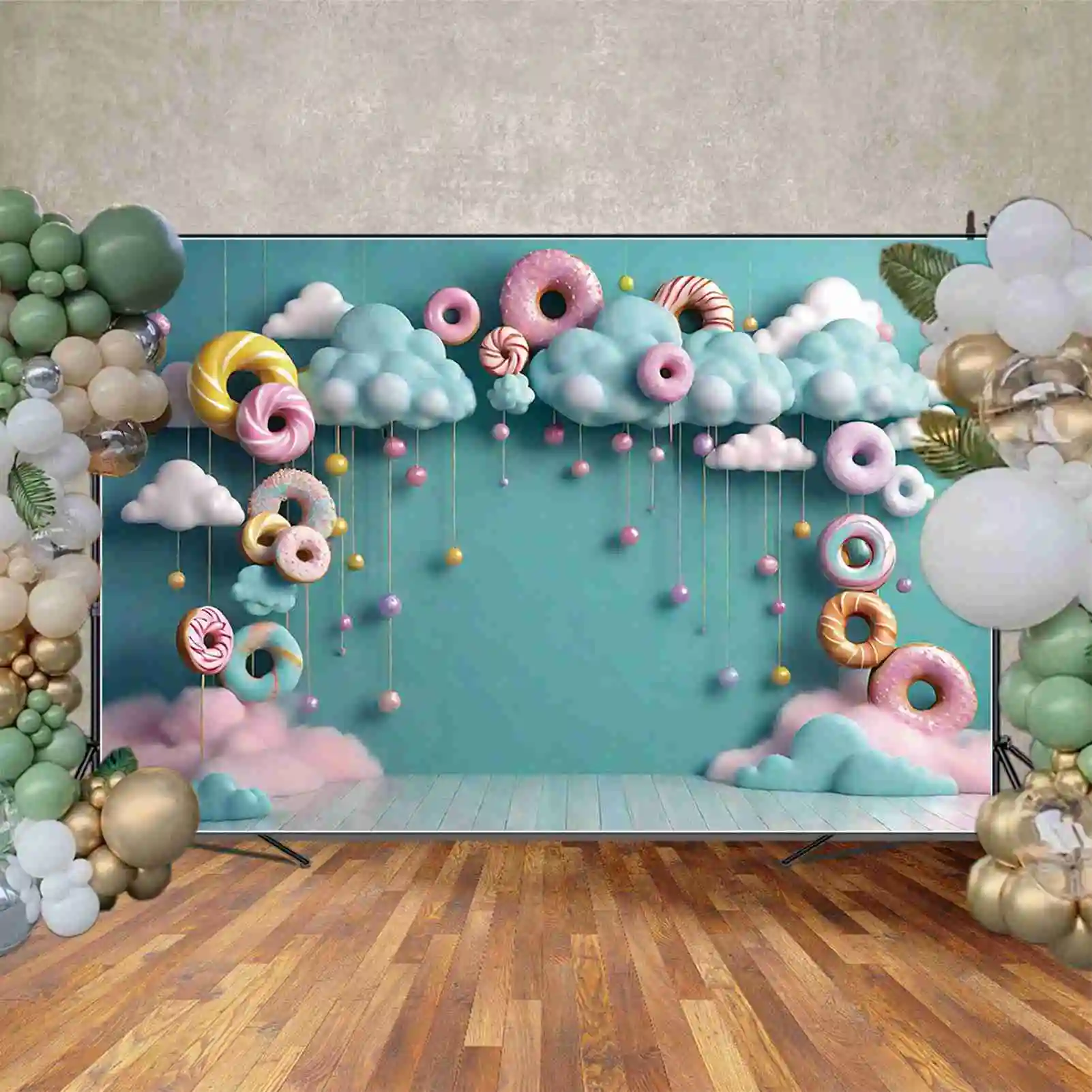 MOON.QG Fairy One Birthday 1 Year Doughnut Clouds Backdrop Baby Candyland Candy Bar Party Background Children Photography Props