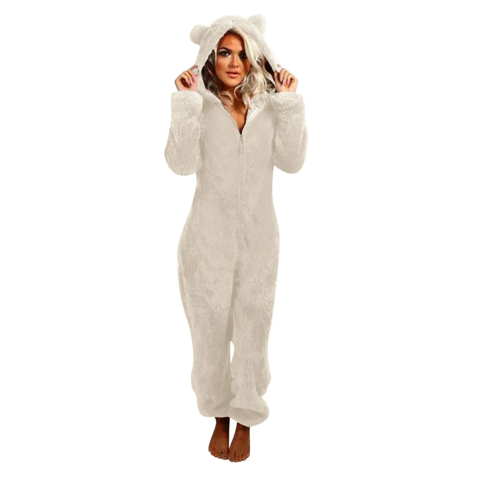 Verdickte pelzige Onesies für Erwachsene, Damenmode, Fleece-Nachtwäsche, Kapuzen-Sets, Pyjamas für Winter-Frauen, warme Samt-Pyjamas – Detail 8