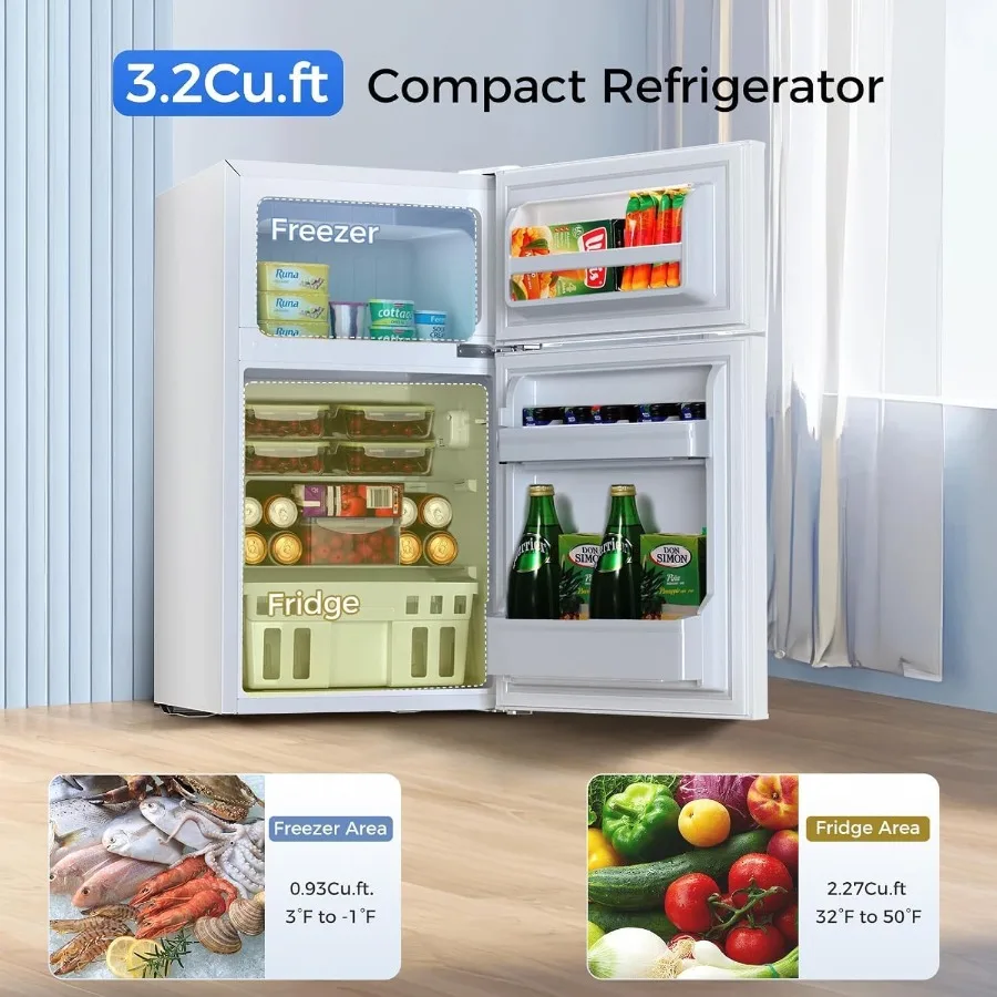 Compact Mini Fridge with Freezer 3.2 Cu.Ft Double Door Design for Home Kitchen Dorm Apartment - Adjustable Temperature Control