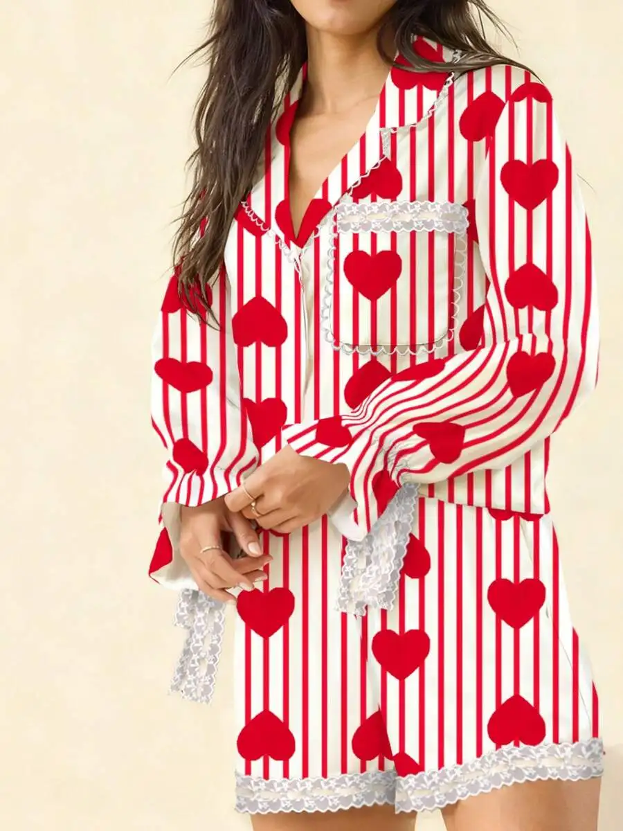 

Womens Valentine Heart Print Lace Trim Pajama Set Long Sleeve Button Down Top Elastic Waist Shorts