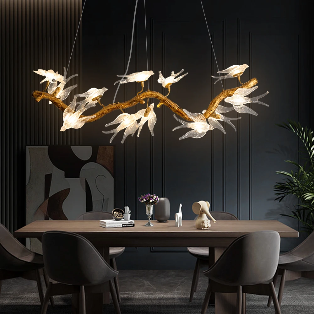 Glass Bird Crystal Ceiling Chandelier For Dining Living Room Kitchen Table Loft Vintage Branch Hanging Pendant Chandeliers Light