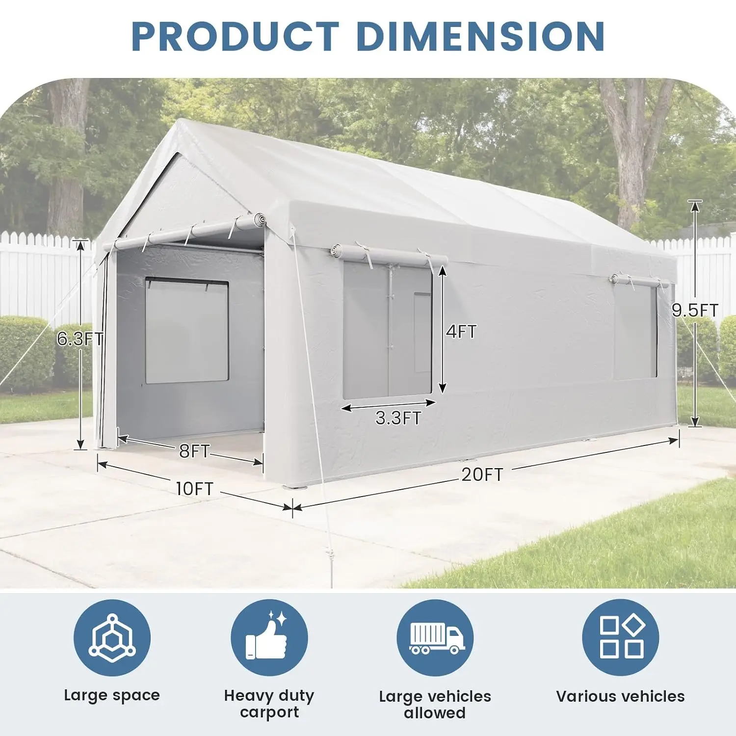 10x20 ft Carport, Heavy Duty Carport with Roll-up Windows, Portable Garage with Removable Sidewalls & Doors, Car Canopy