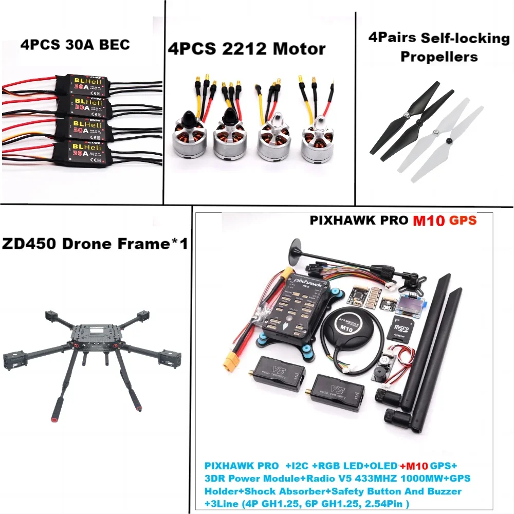 Kit complet de cadre PIXHAWK PRO M10 450-Arupilot, télémétrie 100MW, ESC BLHELI 30A, moteurs 2212-grande valeur pour les amateurs de drones