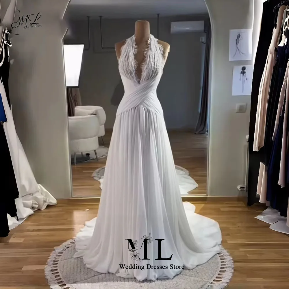 ML Luxury Halter Neck A-Line Wedding Dress Deep V-Neck Pleated Lace Chiffon Cape Floor Length Party Prom Gowns Customized New