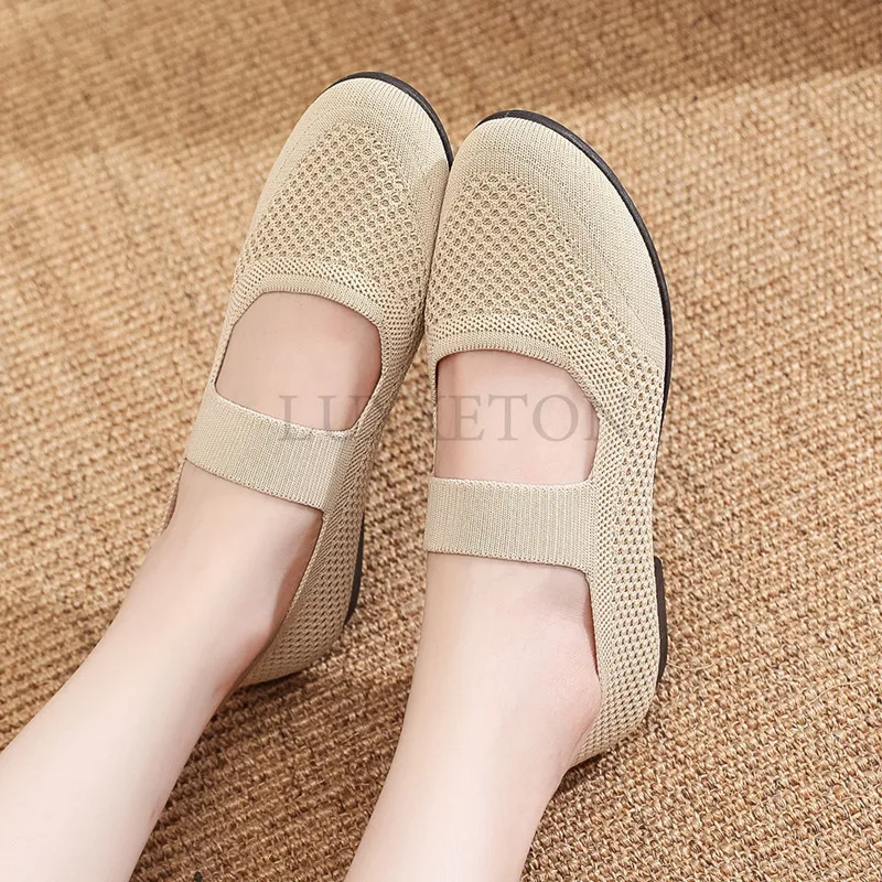 Women Vulcanized Shoes New Summer Elastic Band Soft Flat Bottom Summer Open Knit Mesh Casual Outdoor Cloth Shoes  Mainland China