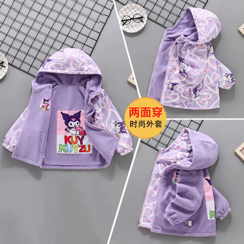 Reversible Kuromi Sanrio Kids Spring Jackets Anime Thicken Warm Coat Long Sleeve Hoodie Cute Cardigan Outdoor Jackets Girl Gift