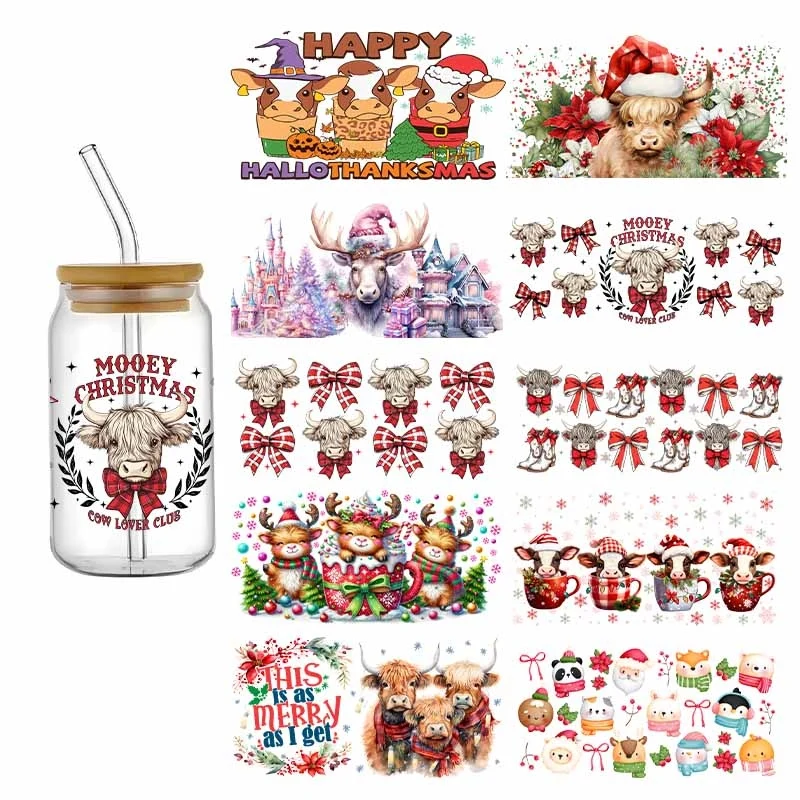 Christmas Cute Bull UV DTF Cup Wrap For 16oz Libbey Beer Glass Can Pretty Cows Cute Girly Cup Wrap Design UV DTF Sticker