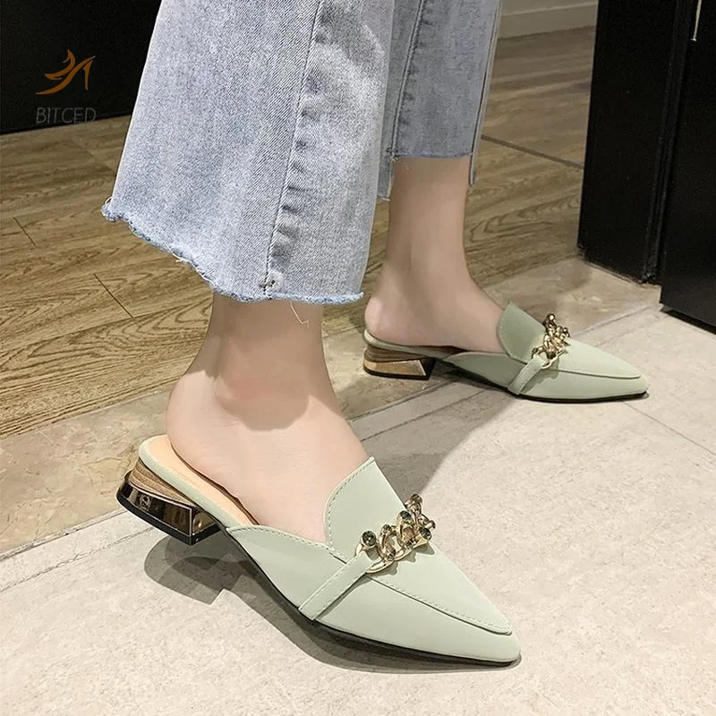 Slippers Women 2021 New Chain Mules Women Slides Square Toe Ladies Striped Shoes Summer Fashion Footwear Square Heel Women Shoes