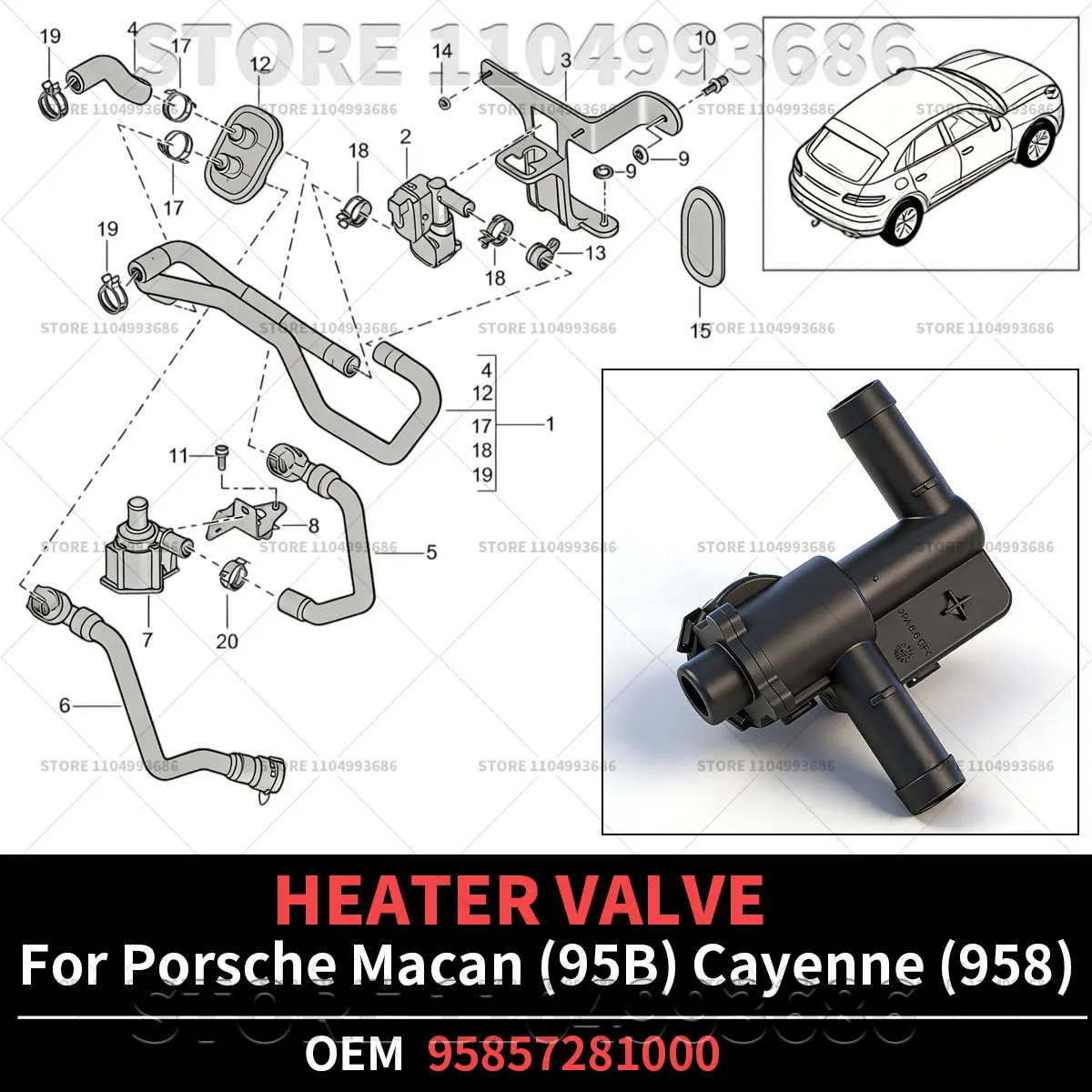 

For Porsche 2014-2018 Macan S GTS Turbo (95B)2011-2017 Cayenne S GTS (958) Coolant Heater Control Solenoid Valve OEM 95857281000