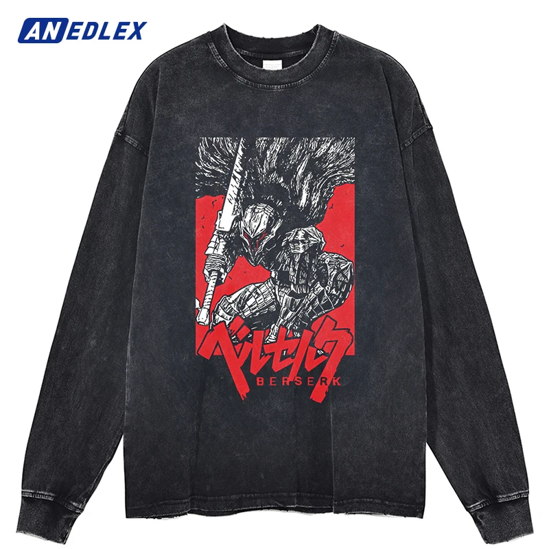 Harajuku Streetwear Hip Hop Washed Black T Shirt Japanese Anime Graphic T-Shirt Men Autumn Cotton Long Sleeve Vintage Tshirt