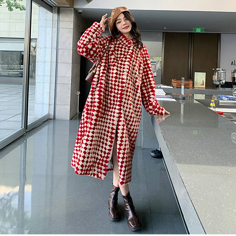 Ftangaiur Winter Women Import Velvet Mink Fur Coat Mandarin Collar Print Plaid Mink Coats Women's X-Long Real Mink Fur Coats