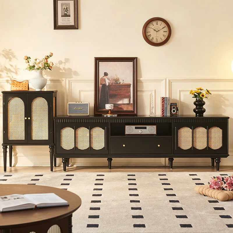 

French solid wood rattan TV cabinet antique living room American designer storage storage integrated audio-visual cabinet side