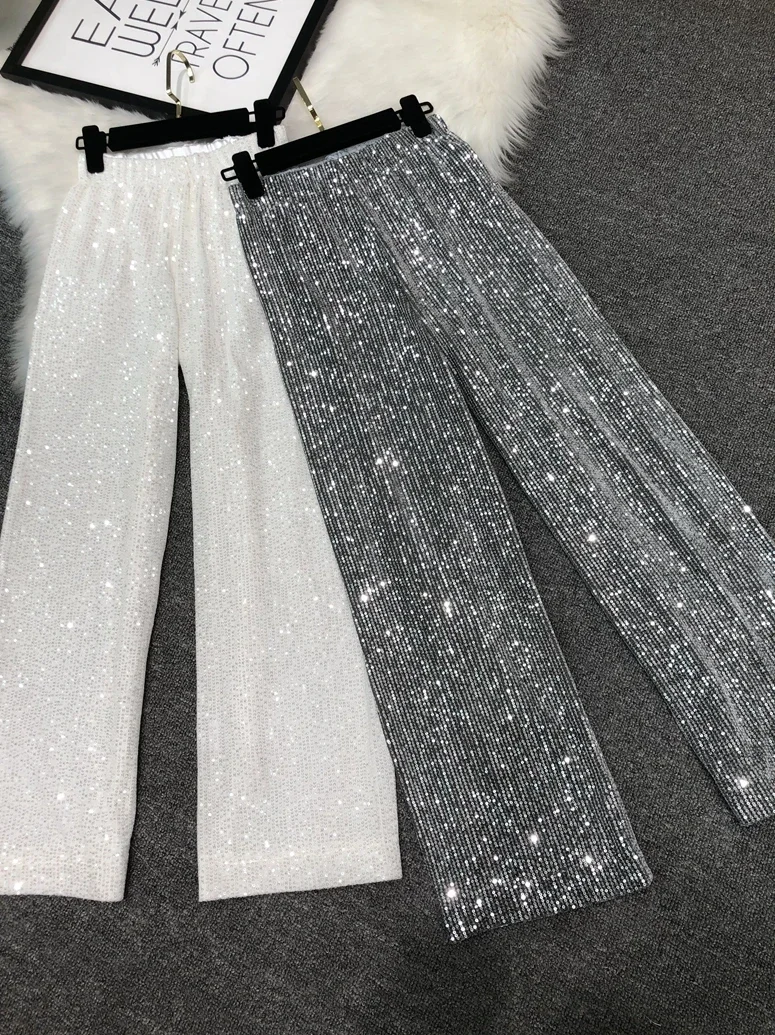 Autumn New Korea Fashion White Sequined Wide-Leg Pants High Waist Slimming Casual Draping Mopping Pants Straight Pants Women