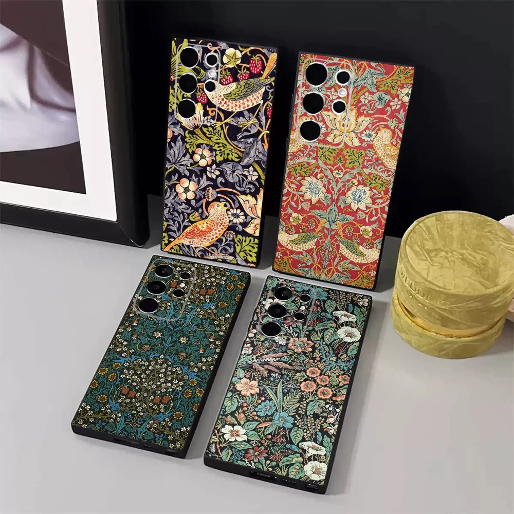 

William Morris Strawberry Thief Phone Case For Samsung S24,23,22,30,21,10,9,Ultra,Plus,Lite,FE,5G Black Soft Case