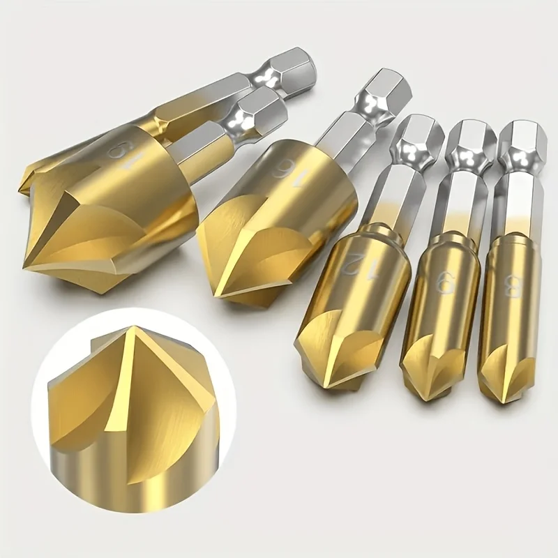 6PCS Countersink Drill Bit Set Chamfer 1/4' Hex 5 Flute Counter Sink Mill Cutter for Wood Soft Metal Rubber Plastic Woodworking