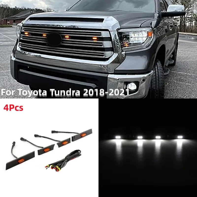 4Pcs Car Front Hood Grille LED Lights White/Amber Light with Harness Car Light Replacement Fit for Toyota Tundra 2018-2021