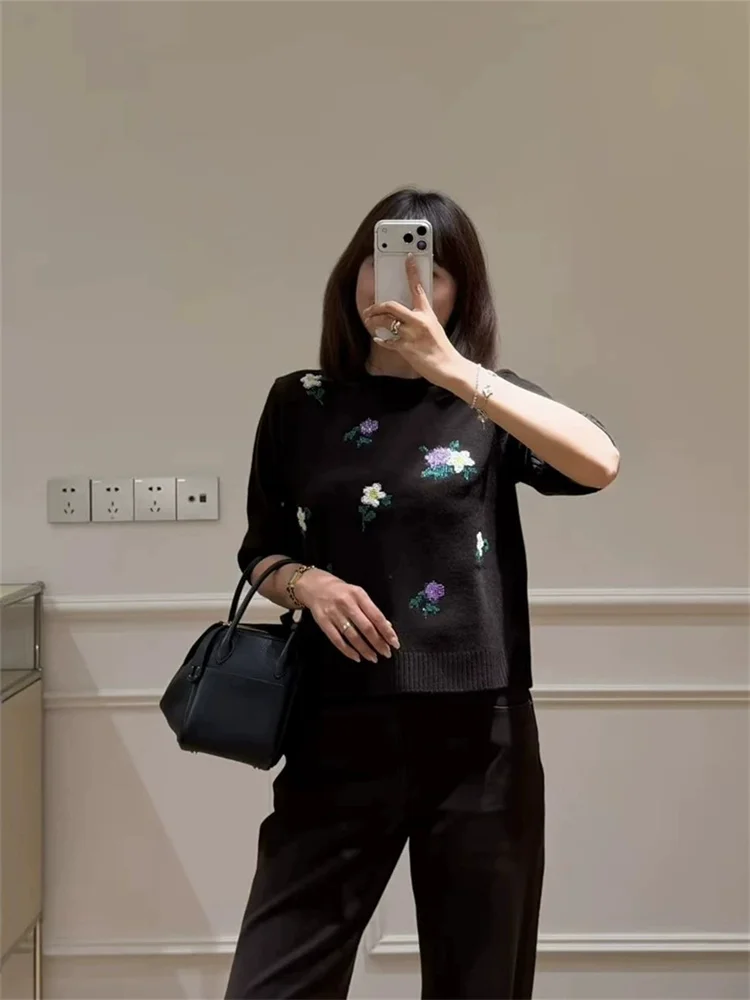 Beaded Floral Embroidery Women Autumn and Winter New Knitted Sweater Top Round Neck Half Sleeve French Elegant Pullover