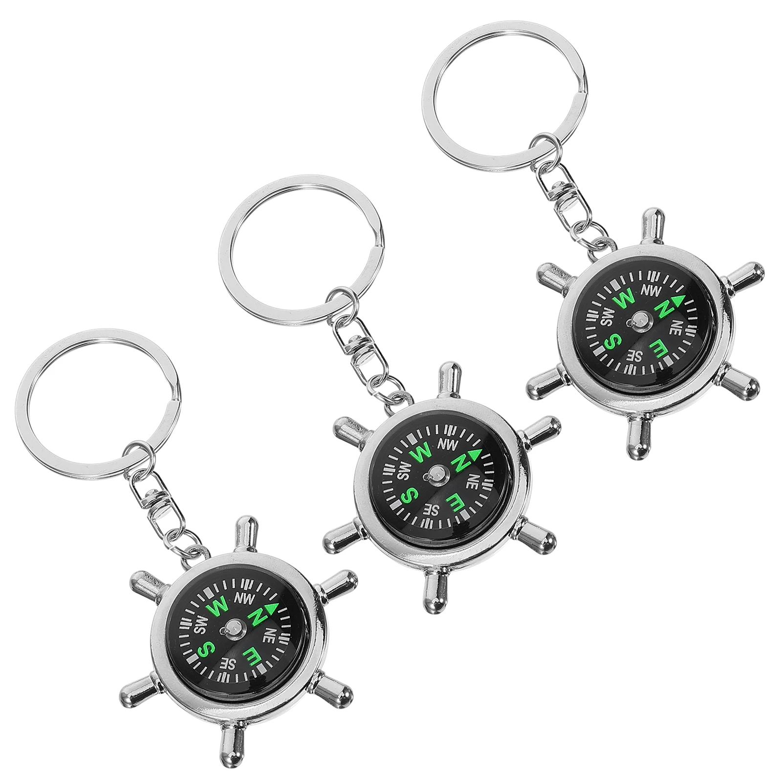 

3pcs Rudder Shaped Compass Keychain Hanging For Hiking Camping Outdoor Travel Small Portable Rubber Map Indicator